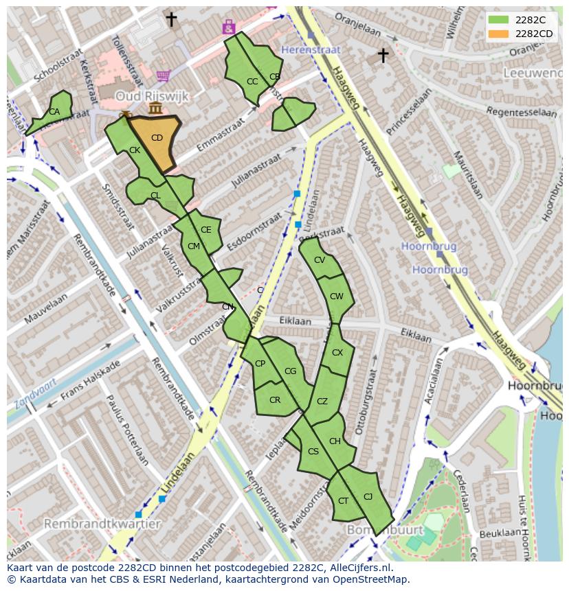 Afbeelding van het postcodegebied 2282 CD op de kaart.