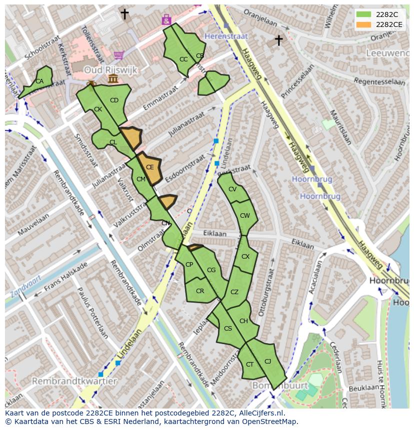 Afbeelding van het postcodegebied 2282 CE op de kaart.
