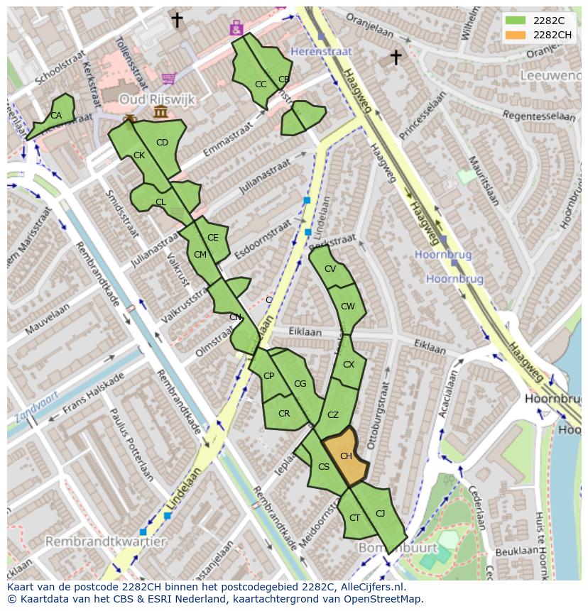 Afbeelding van het postcodegebied 2282 CH op de kaart.