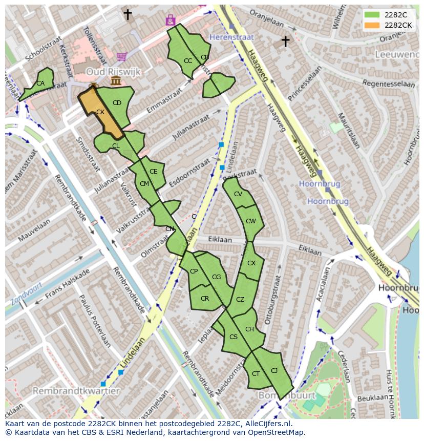 Afbeelding van het postcodegebied 2282 CK op de kaart.
