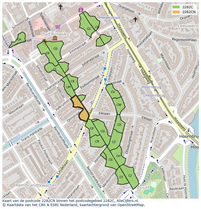 Afbeelding van het postcodegebied 2282 CN op de kaart.