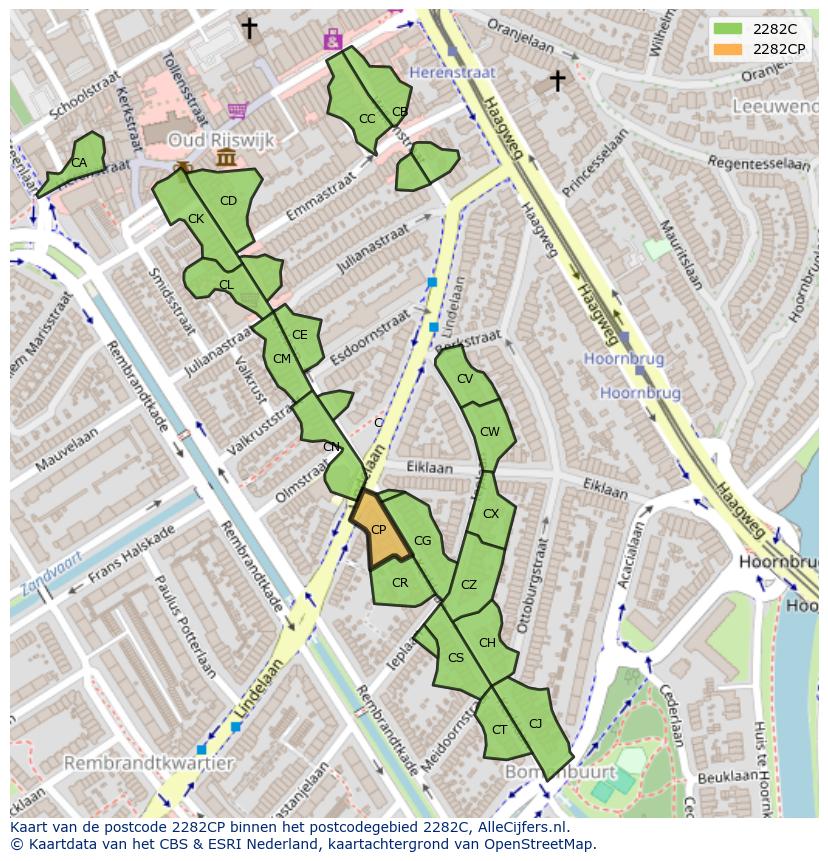 Afbeelding van het postcodegebied 2282 CP op de kaart.