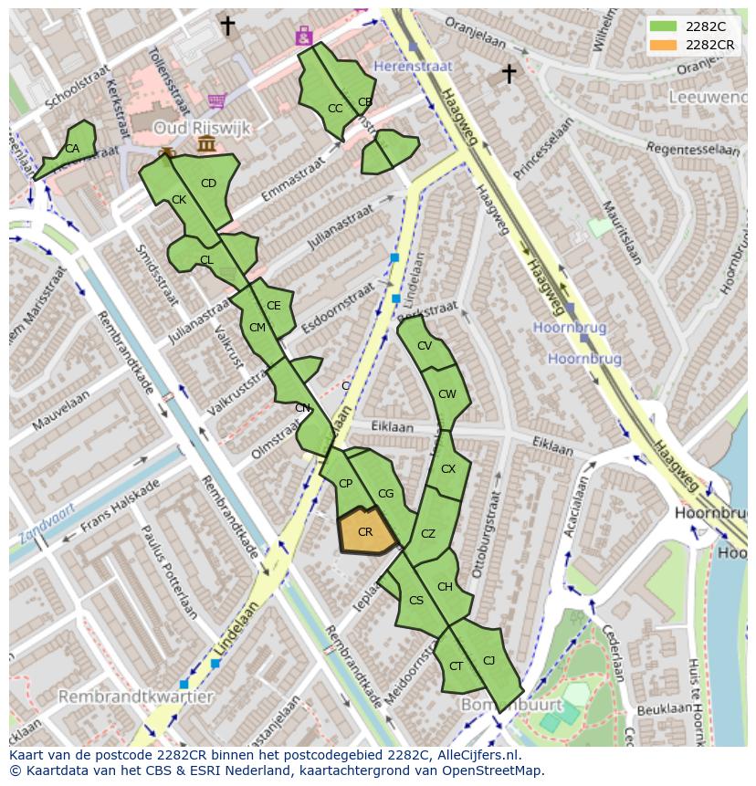 Afbeelding van het postcodegebied 2282 CR op de kaart.