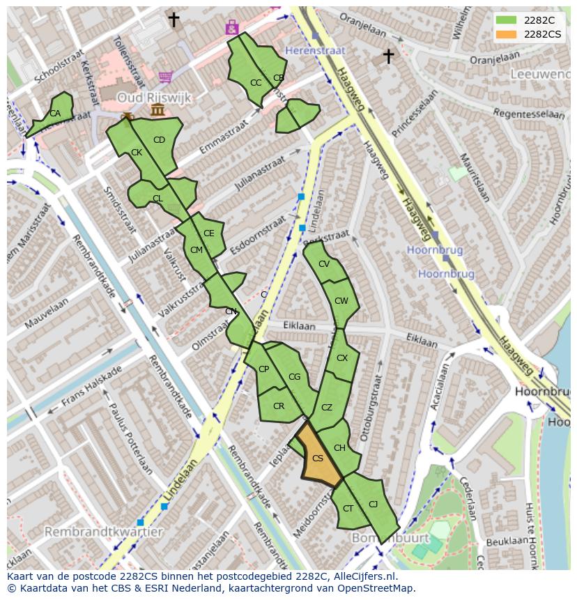 Afbeelding van het postcodegebied 2282 CS op de kaart.