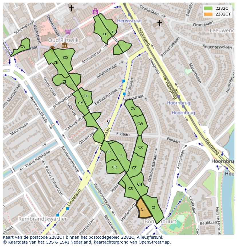 Afbeelding van het postcodegebied 2282 CT op de kaart.