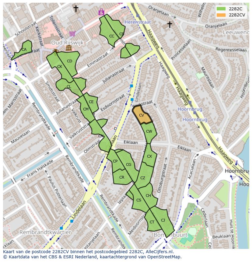 Afbeelding van het postcodegebied 2282 CV op de kaart.