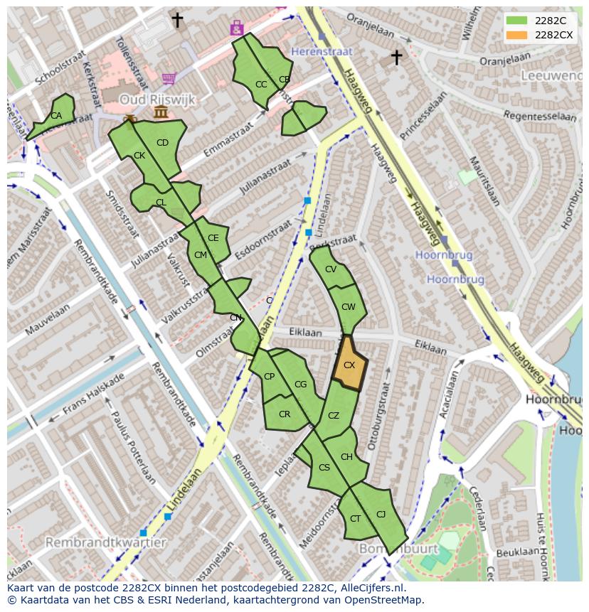 Afbeelding van het postcodegebied 2282 CX op de kaart.