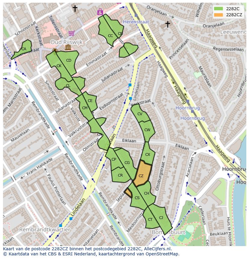 Afbeelding van het postcodegebied 2282 CZ op de kaart.