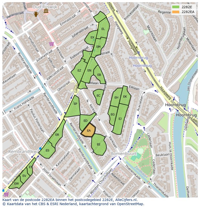 Afbeelding van het postcodegebied 2282 EA op de kaart.