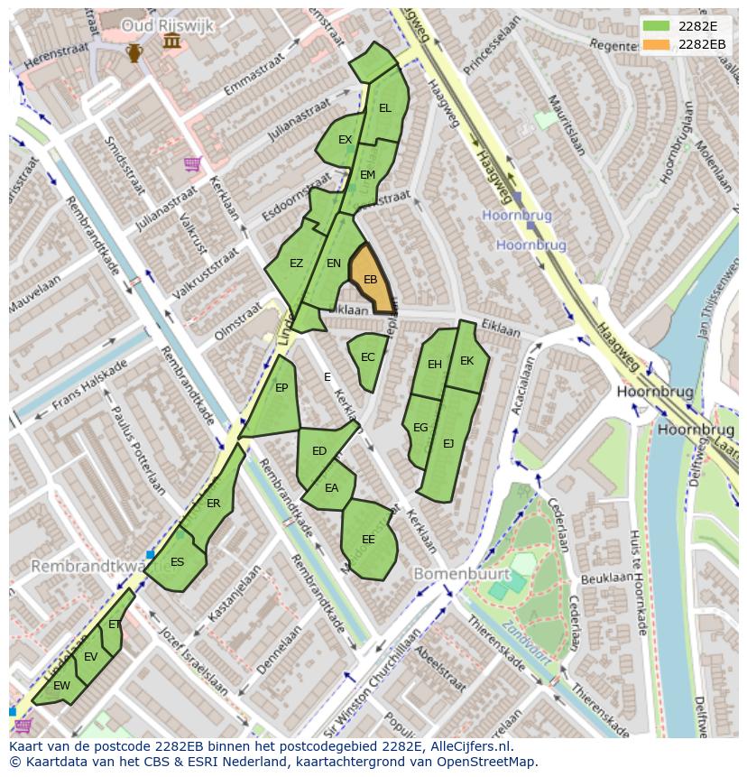 Afbeelding van het postcodegebied 2282 EB op de kaart.