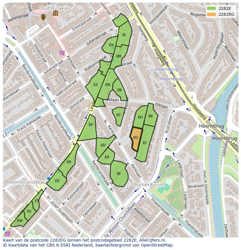Afbeelding van het postcodegebied 2282 EG op de kaart.