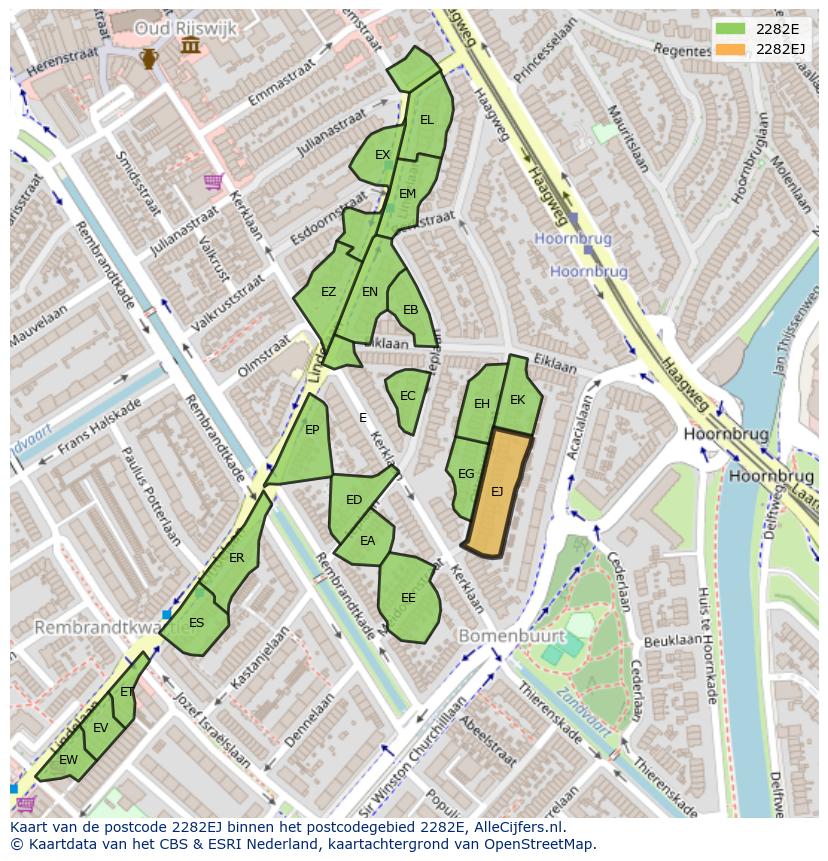 Afbeelding van het postcodegebied 2282 EJ op de kaart.