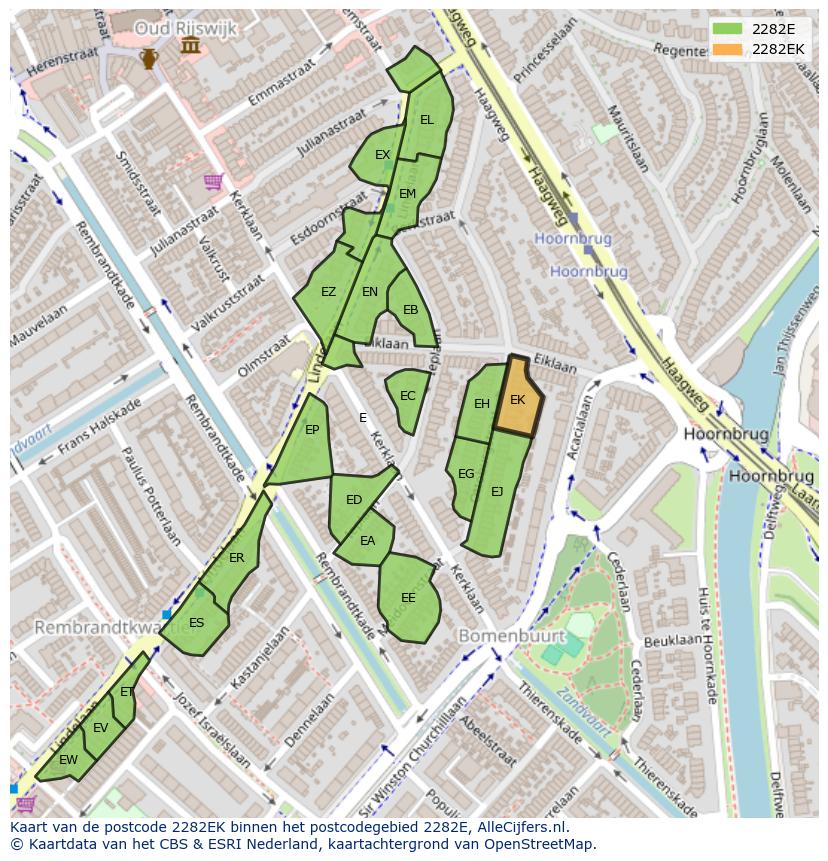 Afbeelding van het postcodegebied 2282 EK op de kaart.