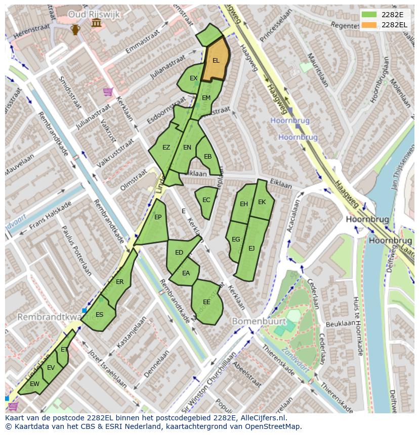 Afbeelding van het postcodegebied 2282 EL op de kaart.