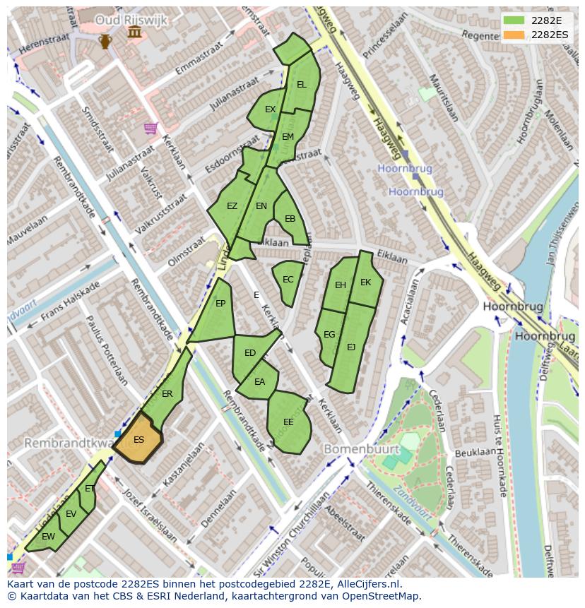 Afbeelding van het postcodegebied 2282 ES op de kaart.