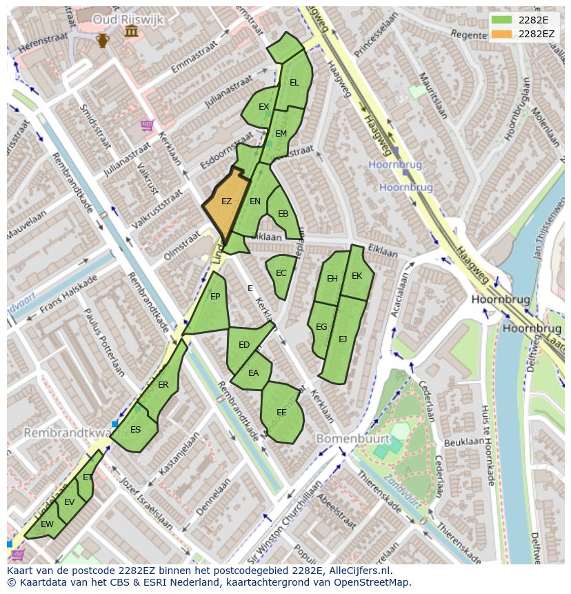Afbeelding van het postcodegebied 2282 EZ op de kaart.