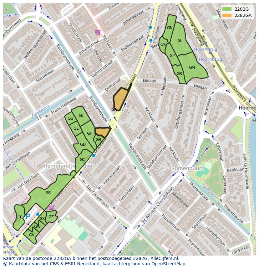 Afbeelding van het postcodegebied 2282 GA op de kaart.