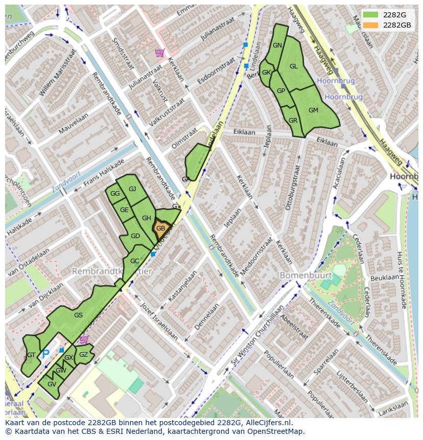 Afbeelding van het postcodegebied 2282 GB op de kaart.