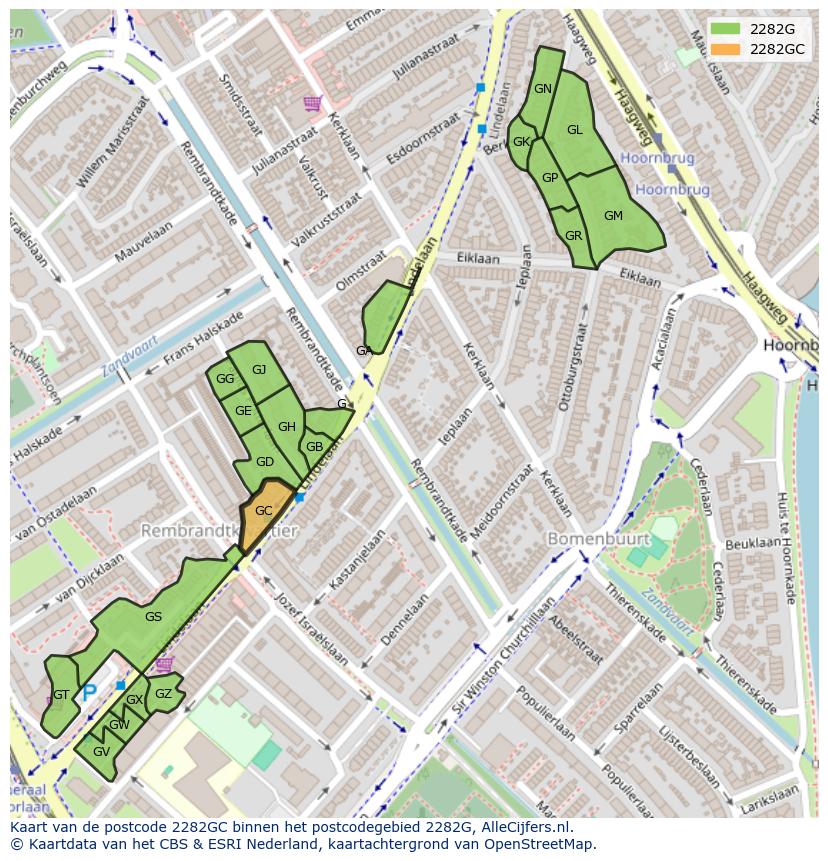 Afbeelding van het postcodegebied 2282 GC op de kaart.