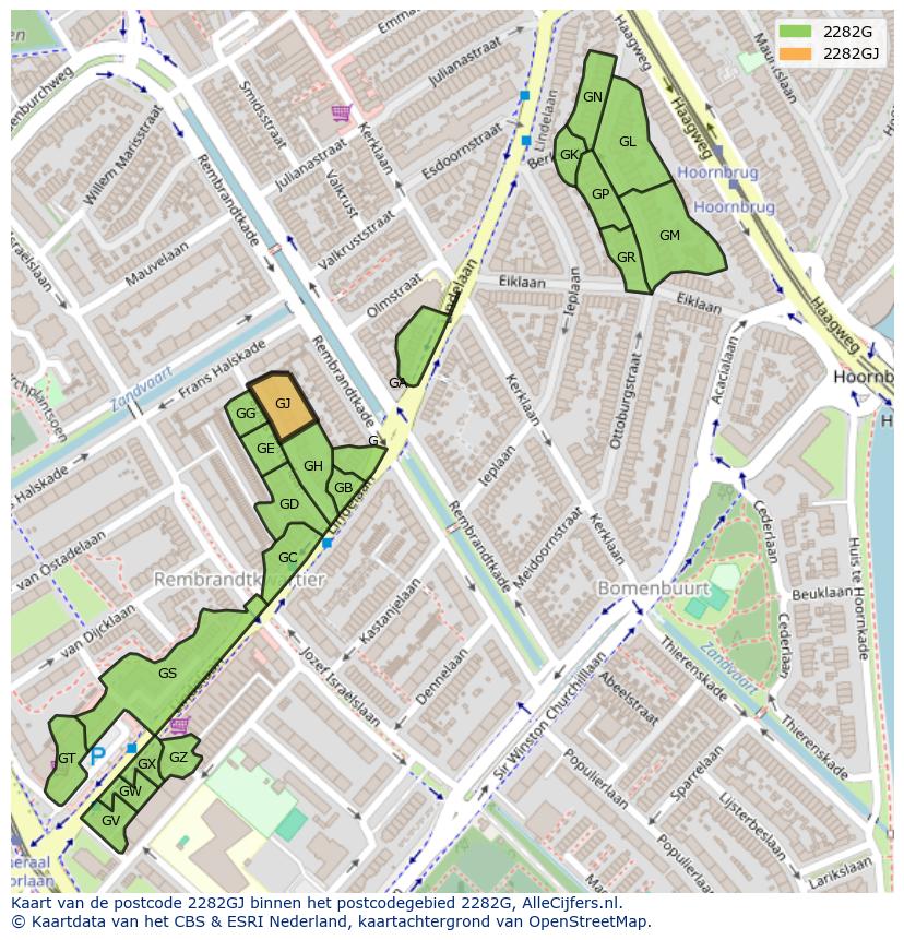 Afbeelding van het postcodegebied 2282 GJ op de kaart.