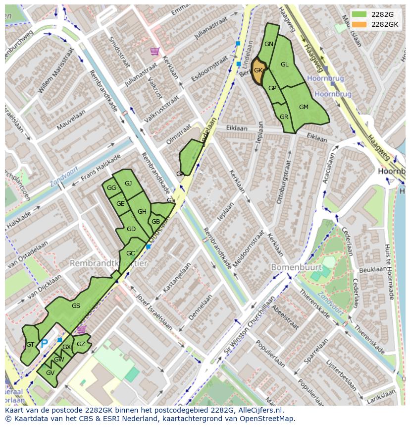 Afbeelding van het postcodegebied 2282 GK op de kaart.
