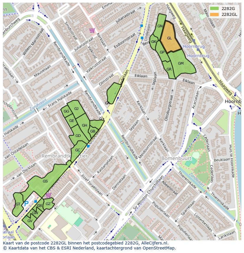Afbeelding van het postcodegebied 2282 GL op de kaart.