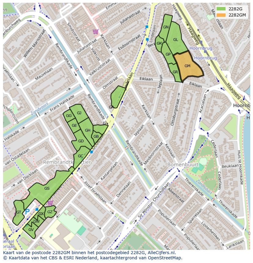 Afbeelding van het postcodegebied 2282 GM op de kaart.