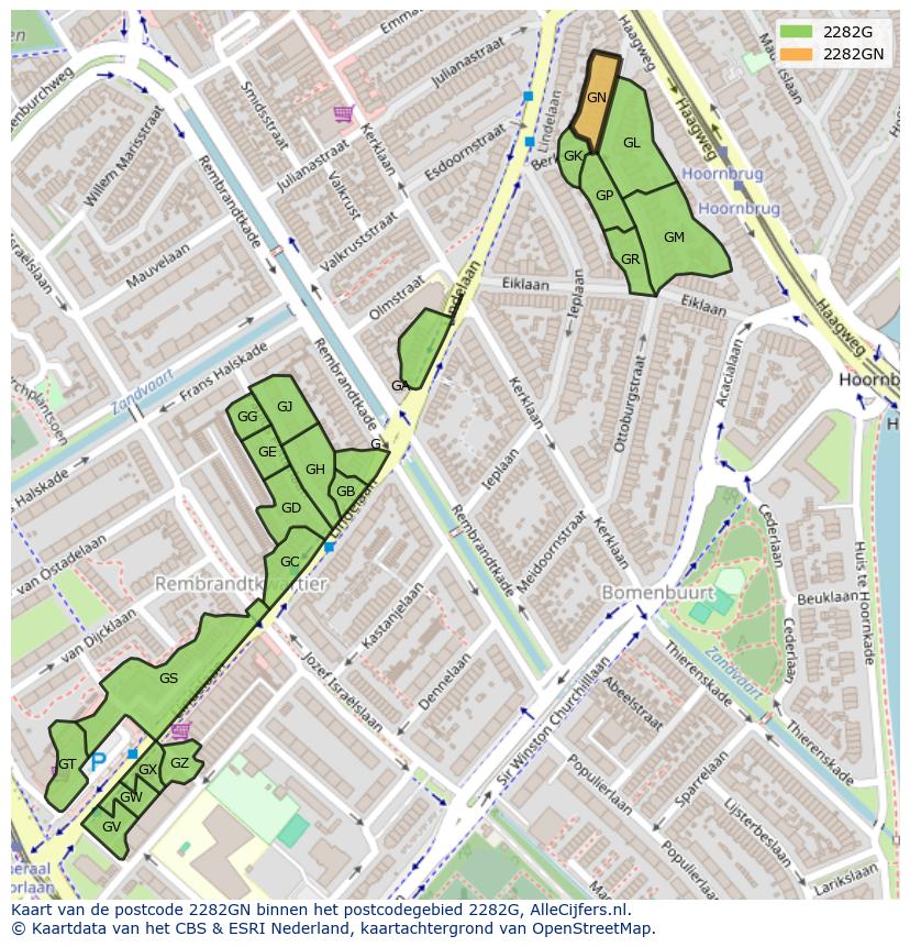 Afbeelding van het postcodegebied 2282 GN op de kaart.