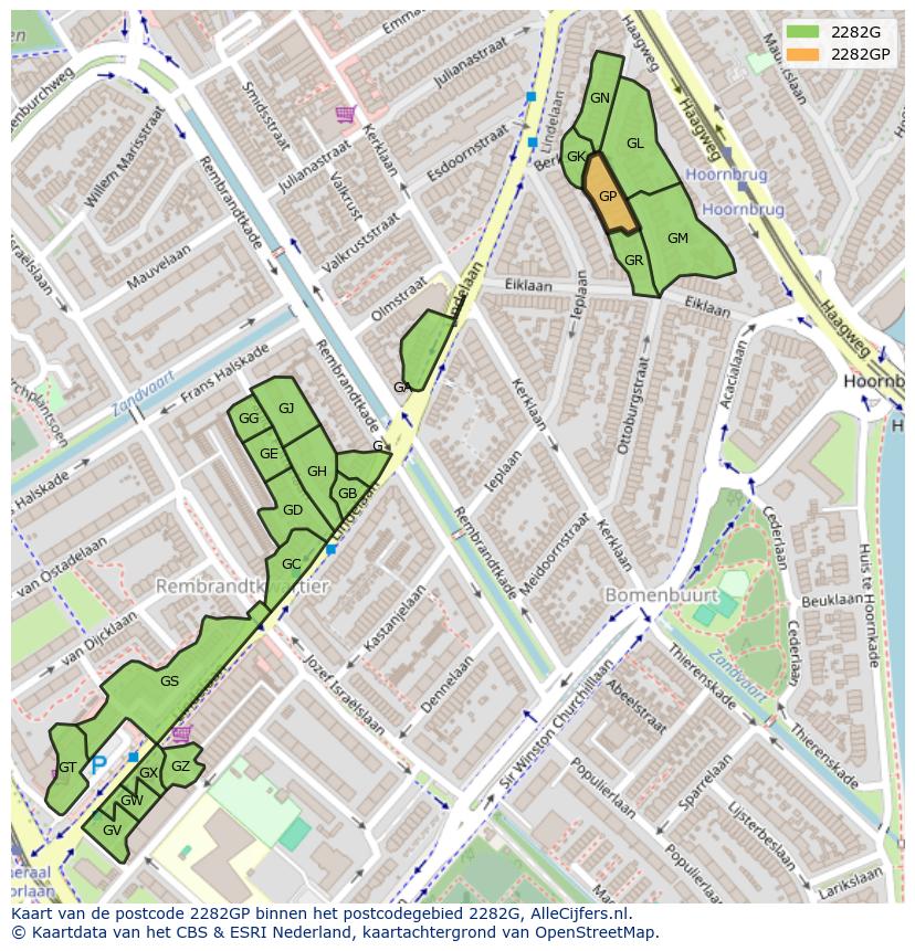Afbeelding van het postcodegebied 2282 GP op de kaart.