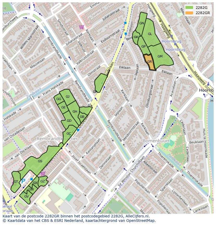 Afbeelding van het postcodegebied 2282 GR op de kaart.