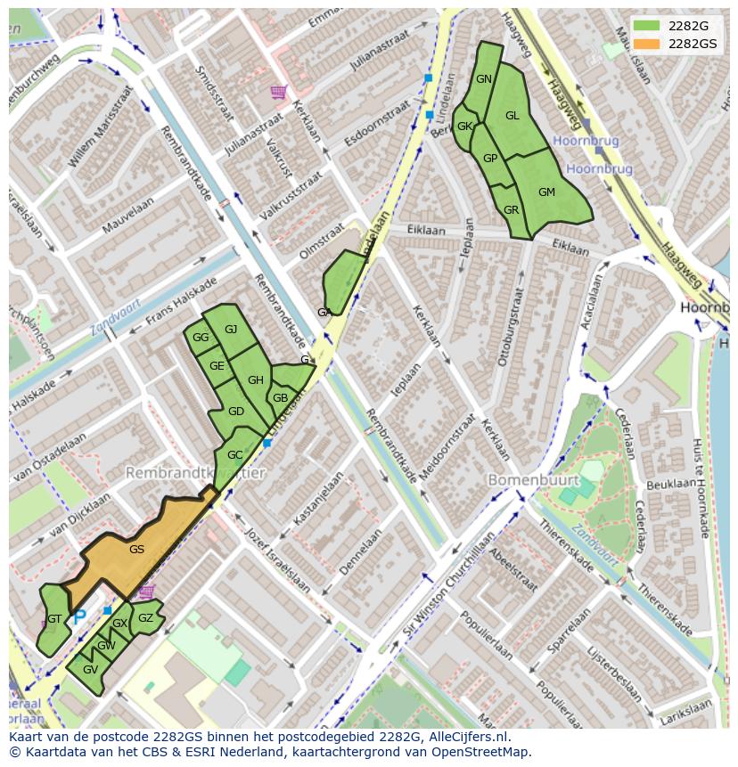Afbeelding van het postcodegebied 2282 GS op de kaart.