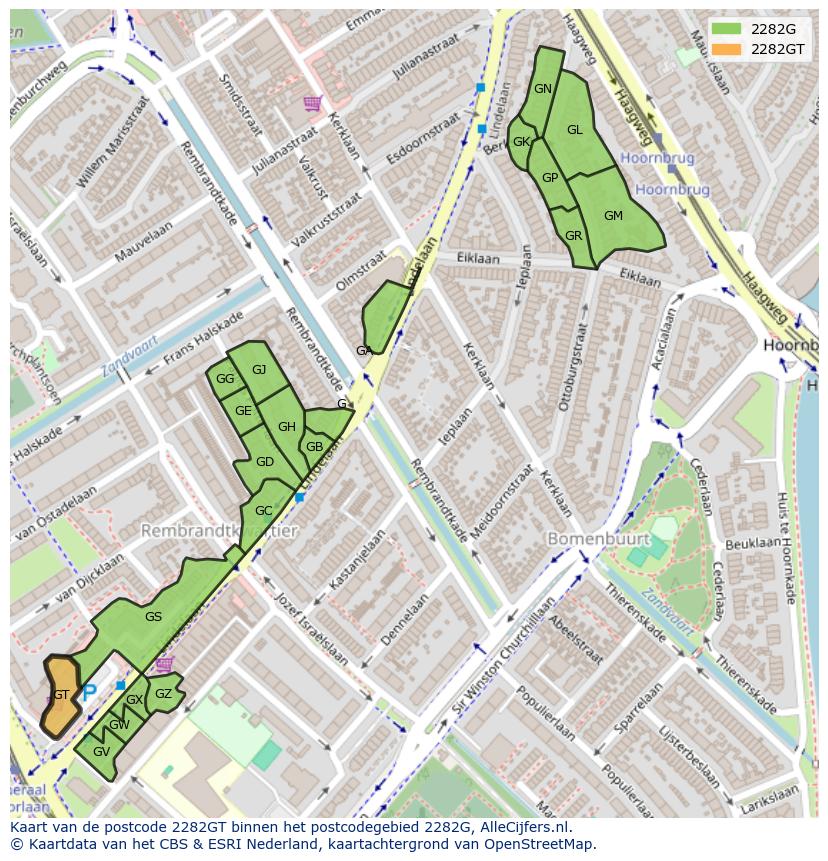 Afbeelding van het postcodegebied 2282 GT op de kaart.