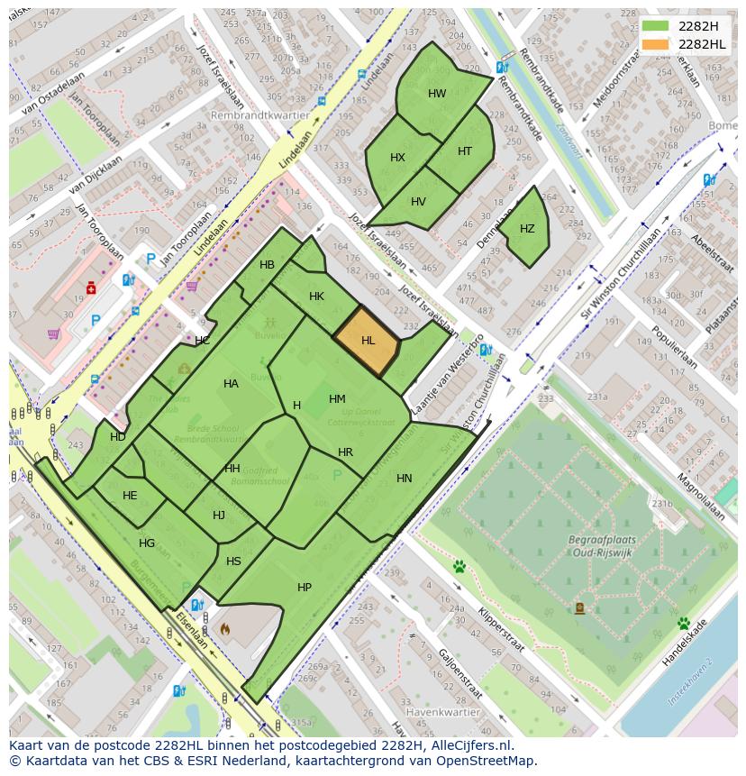 Afbeelding van het postcodegebied 2282 HL op de kaart.
