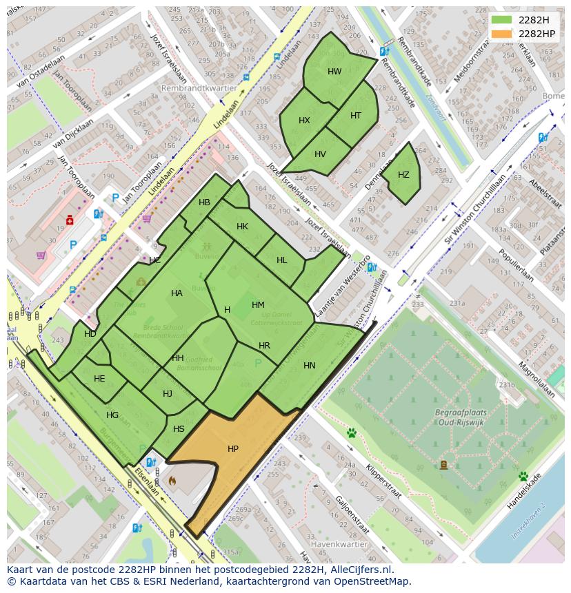 Afbeelding van het postcodegebied 2282 HP op de kaart.