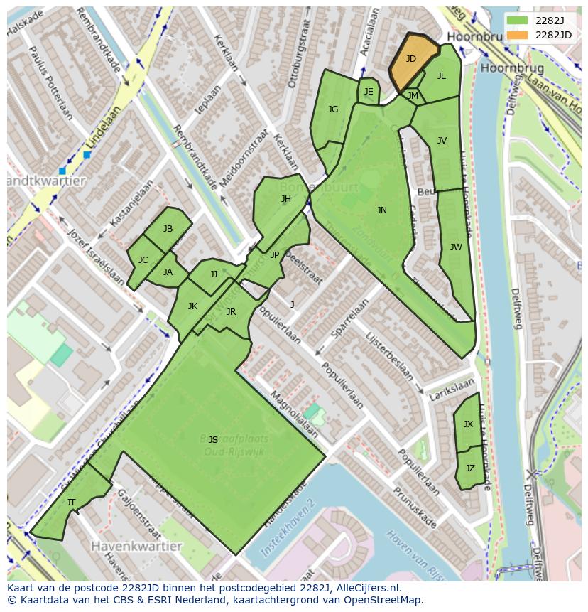 Afbeelding van het postcodegebied 2282 JD op de kaart.