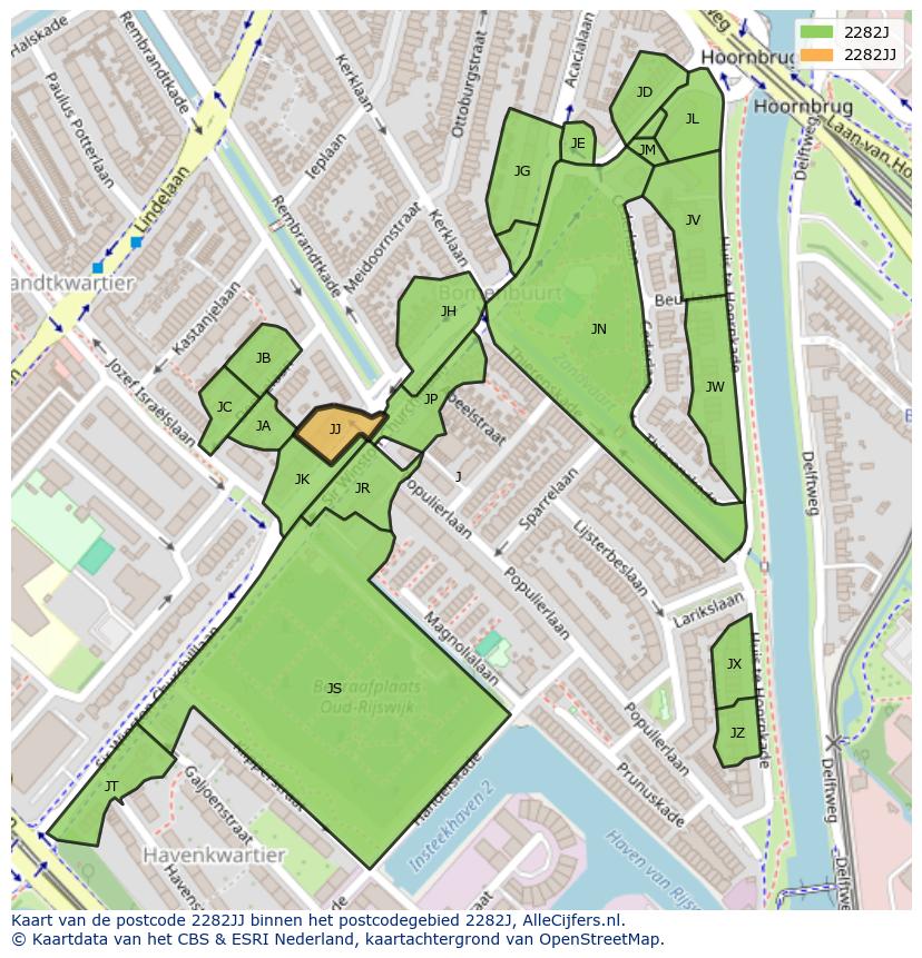 Afbeelding van het postcodegebied 2282 JJ op de kaart.