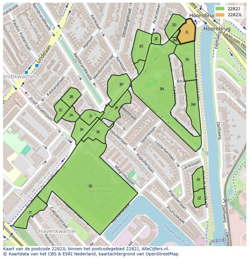 Afbeelding van het postcodegebied 2282 JL op de kaart.