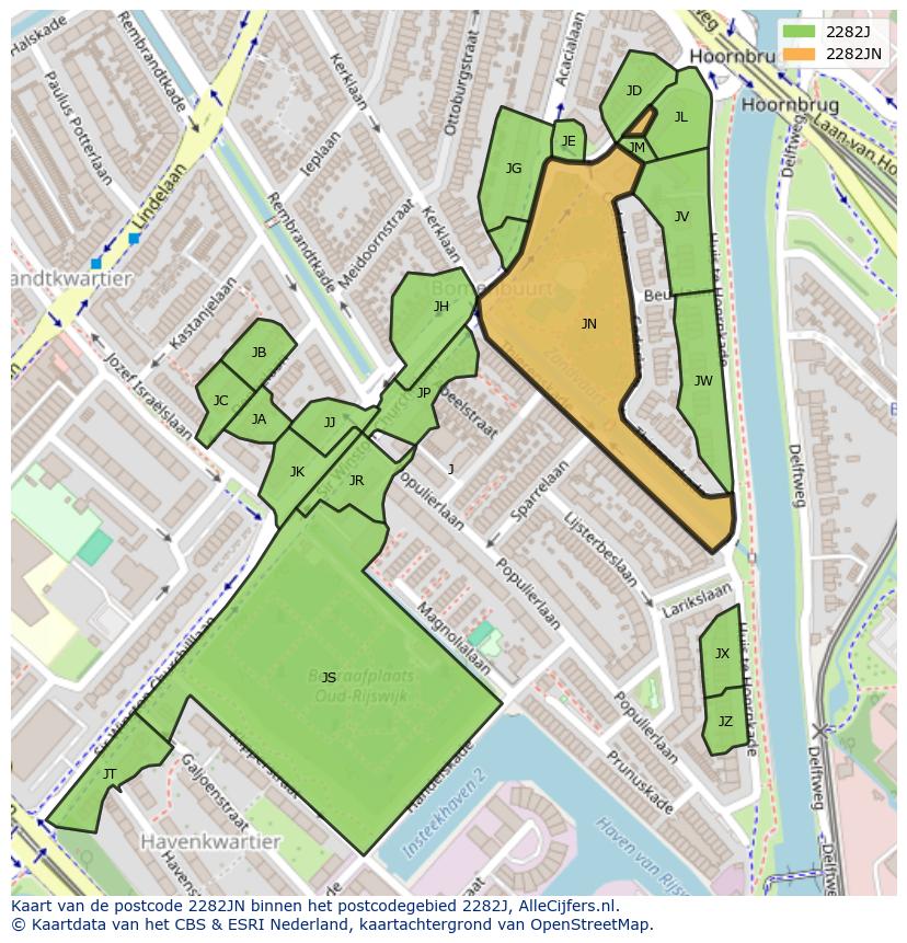 Afbeelding van het postcodegebied 2282 JN op de kaart.