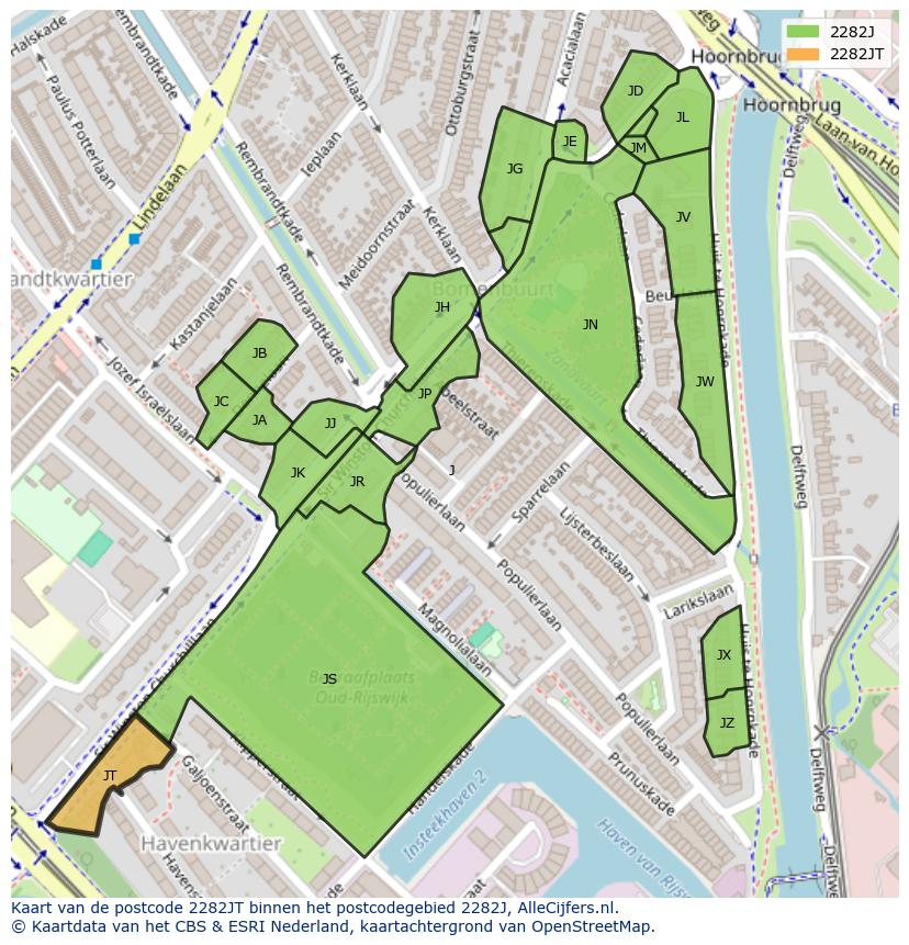 Afbeelding van het postcodegebied 2282 JT op de kaart.