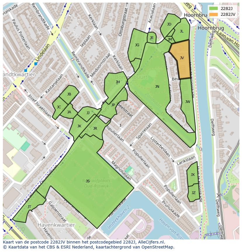 Afbeelding van het postcodegebied 2282 JV op de kaart.