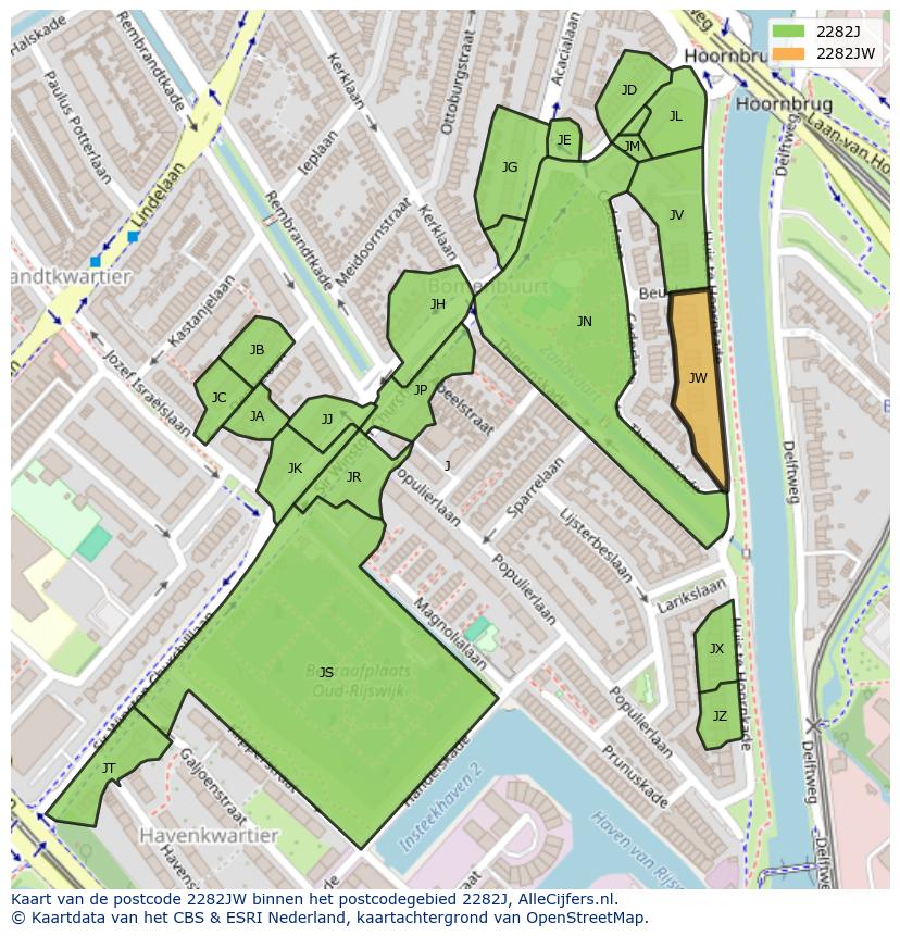 Afbeelding van het postcodegebied 2282 JW op de kaart.