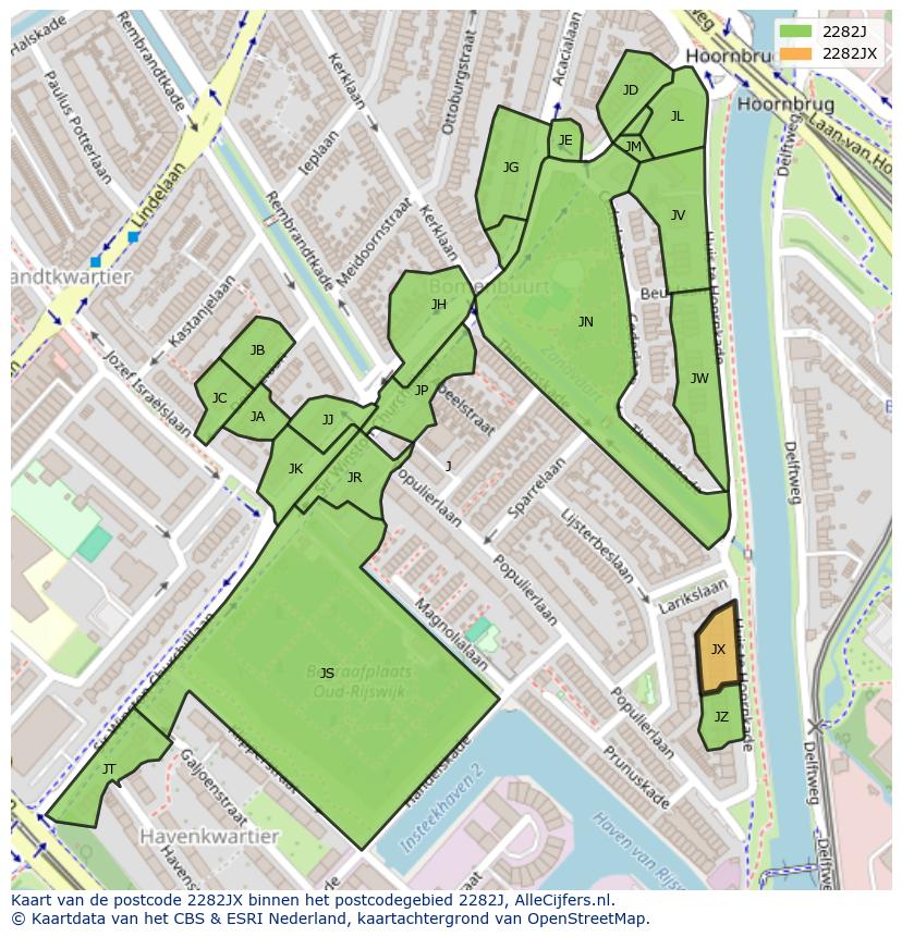 Afbeelding van het postcodegebied 2282 JX op de kaart.
