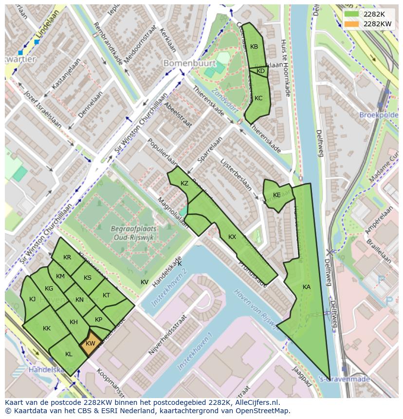 Afbeelding van het postcodegebied 2282 KW op de kaart.