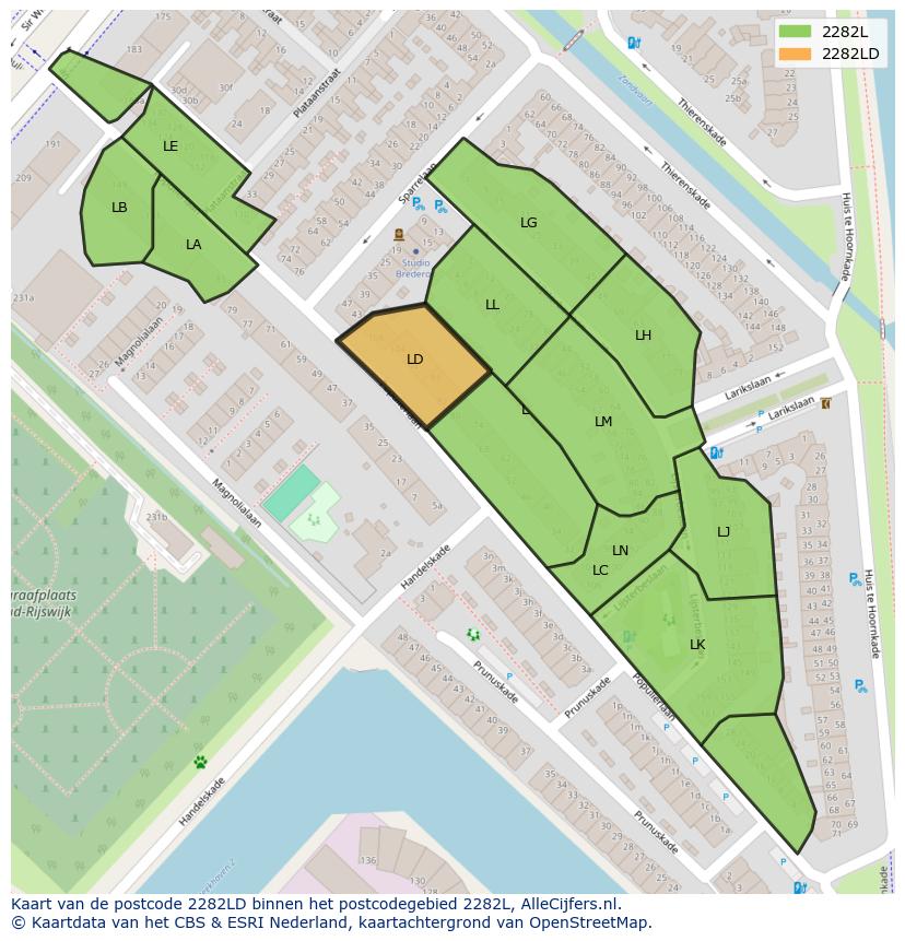 Afbeelding van het postcodegebied 2282 LD op de kaart.