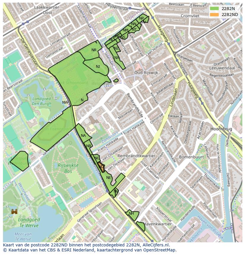 Afbeelding van het postcodegebied 2282 ND op de kaart.