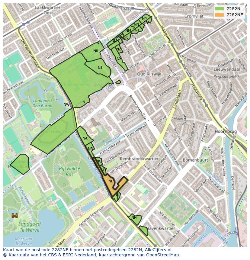 Afbeelding van het postcodegebied 2282 NE op de kaart.