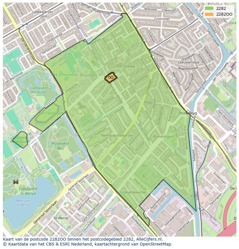 Afbeelding van het postcodegebied 2282 OO op de kaart.