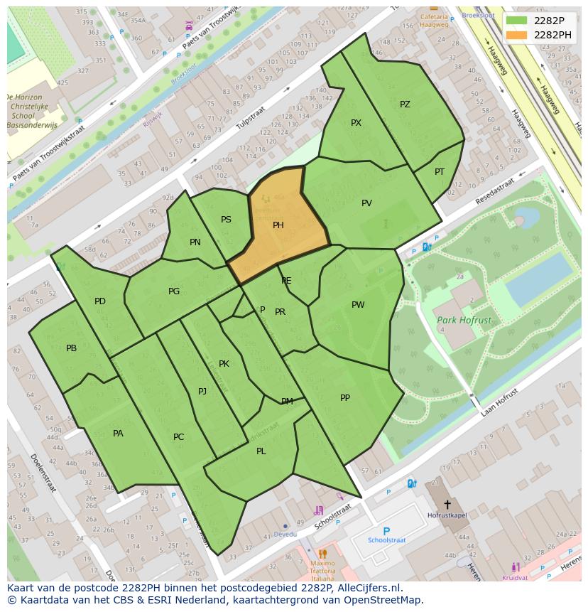 Afbeelding van het postcodegebied 2282 PH op de kaart.
