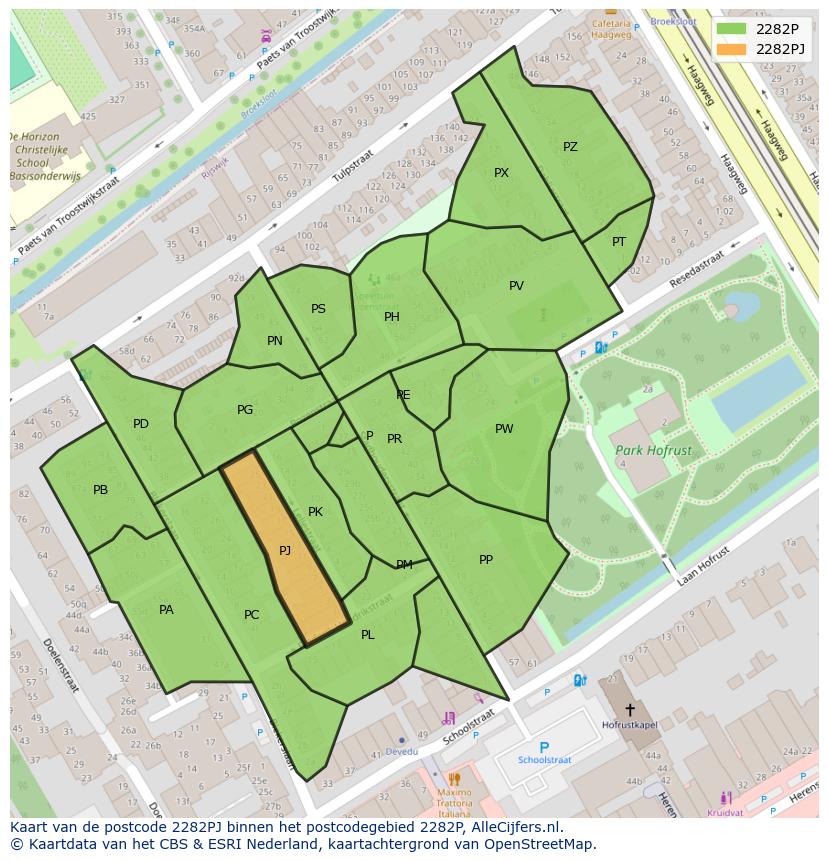 Afbeelding van het postcodegebied 2282 PJ op de kaart.