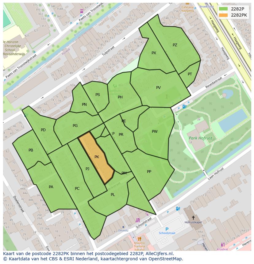 Afbeelding van het postcodegebied 2282 PK op de kaart.